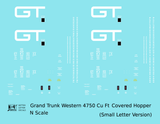 Grand Trunk Western 4750 Cu Ft PS-2CD Covered Hopper White Small Lettering - Decal - Choose Scale