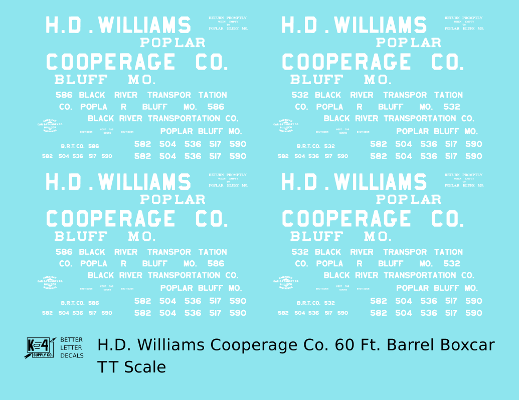 HD Williams Cooperage Co 60 Ft Wood Cooperage/Barrel Boxcar White