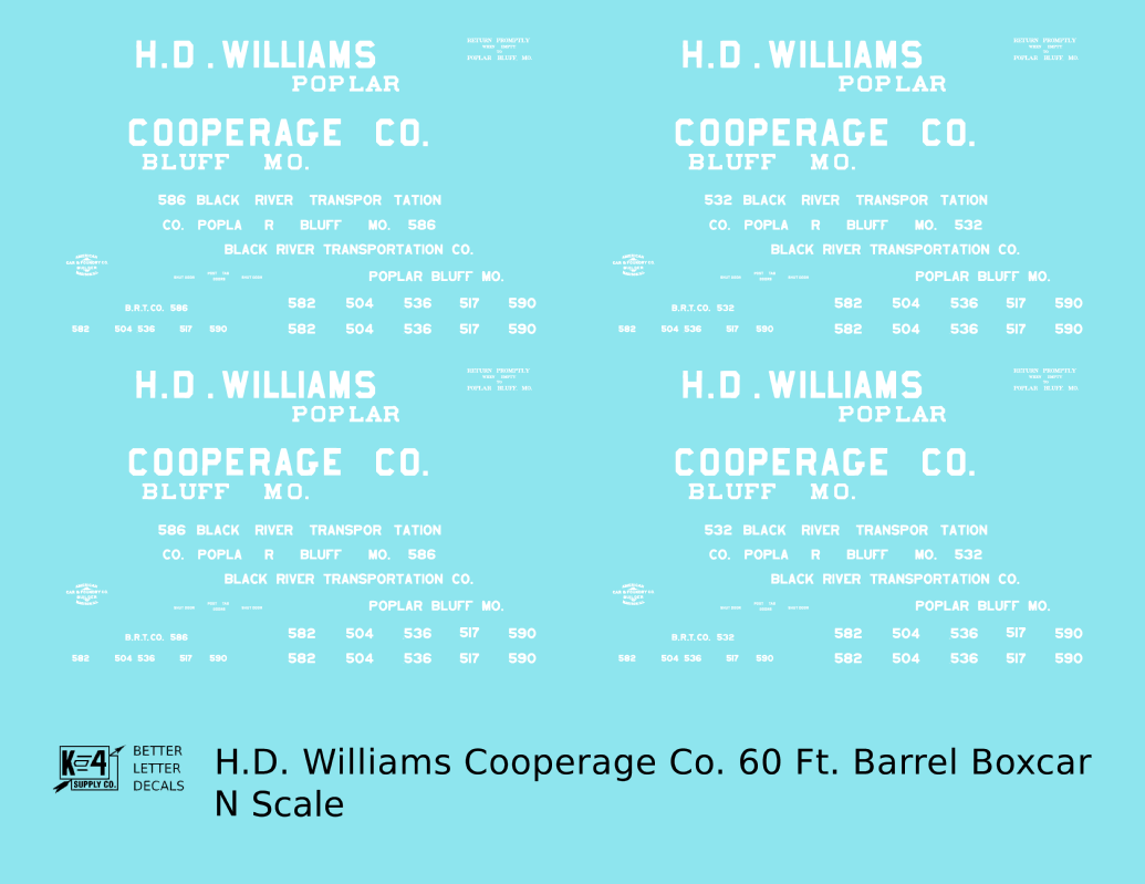 HD Williams Cooperage Co 60 Ft Wood Cooperage/Barrel Boxcar White