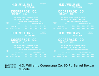 HD Williams Cooperage Co 60 Ft Wood Cooperage/Barrel Boxcar White