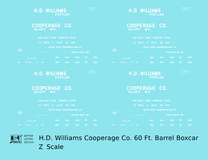 HD Williams Cooperage Co 60 Ft Wood Cooperage/Barrel Boxcar White