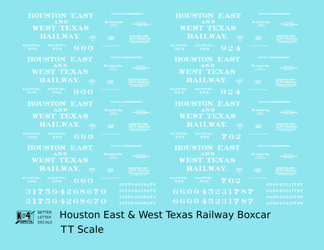 Houston East and West Texas Railway 34 and 40 Ft Boxcars White