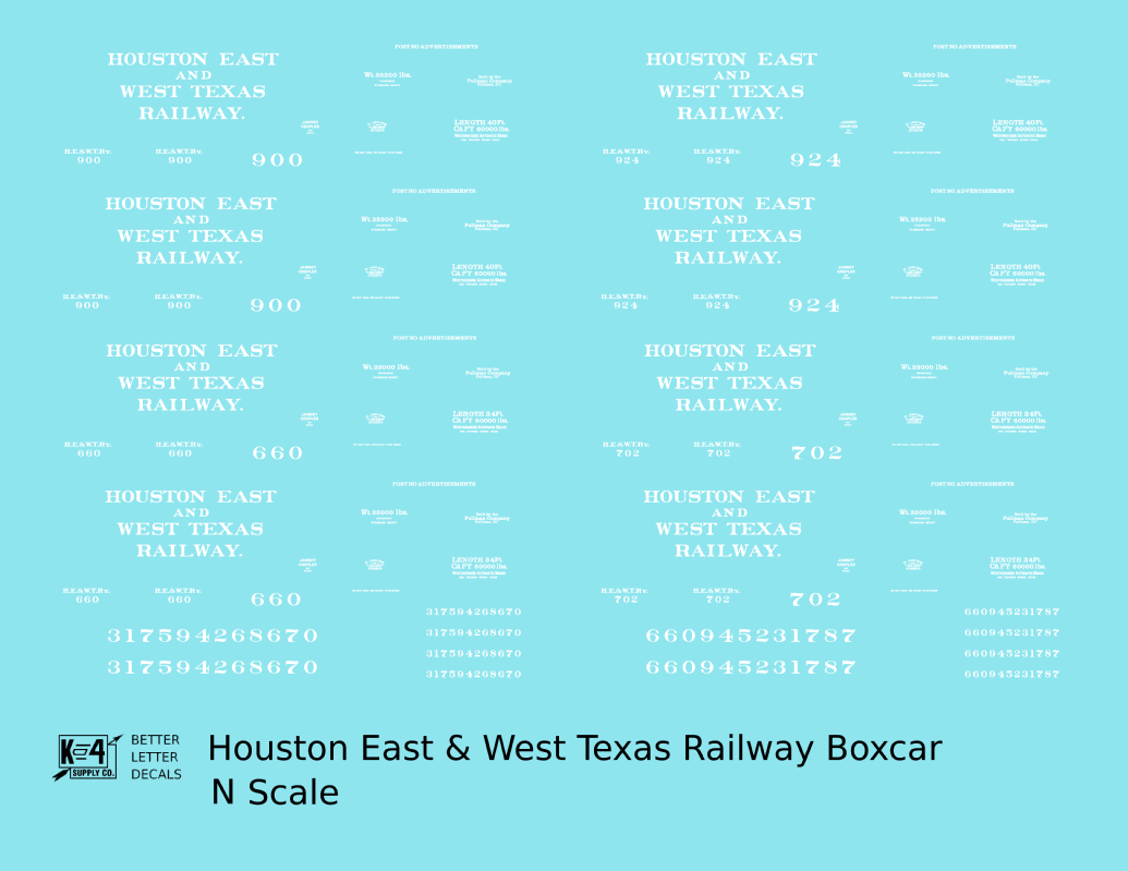 Houston East and West Texas Railway 34 and 40 Ft Boxcars White