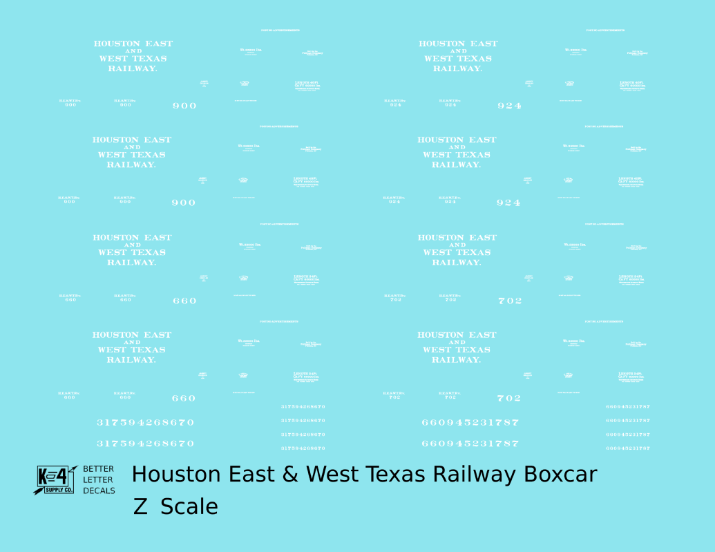 Houston East and West Texas Railway 34 and 40 Ft Boxcars White