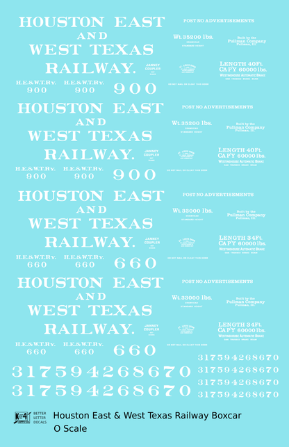 Houston East and West Texas Railway 34 and 40 Ft Boxcars White