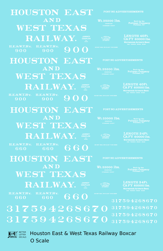 Houston East and West Texas Railway 34 and 40 Ft Boxcars White