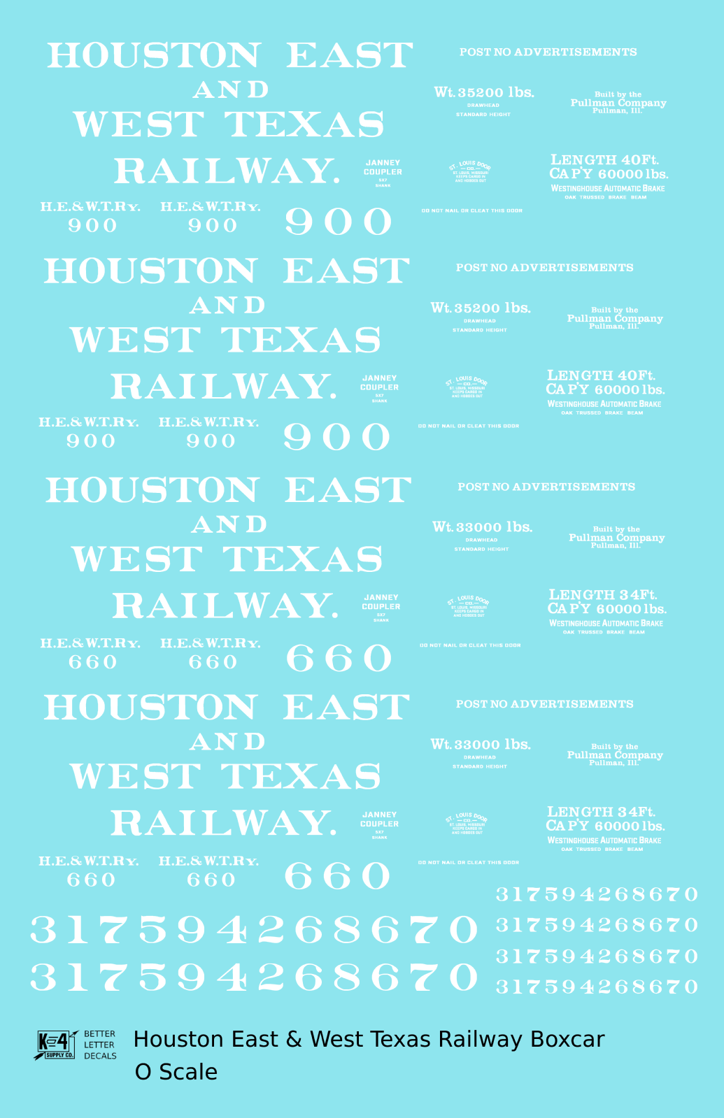 Houston East and West Texas Railway 34 and 40 Ft Boxcars White