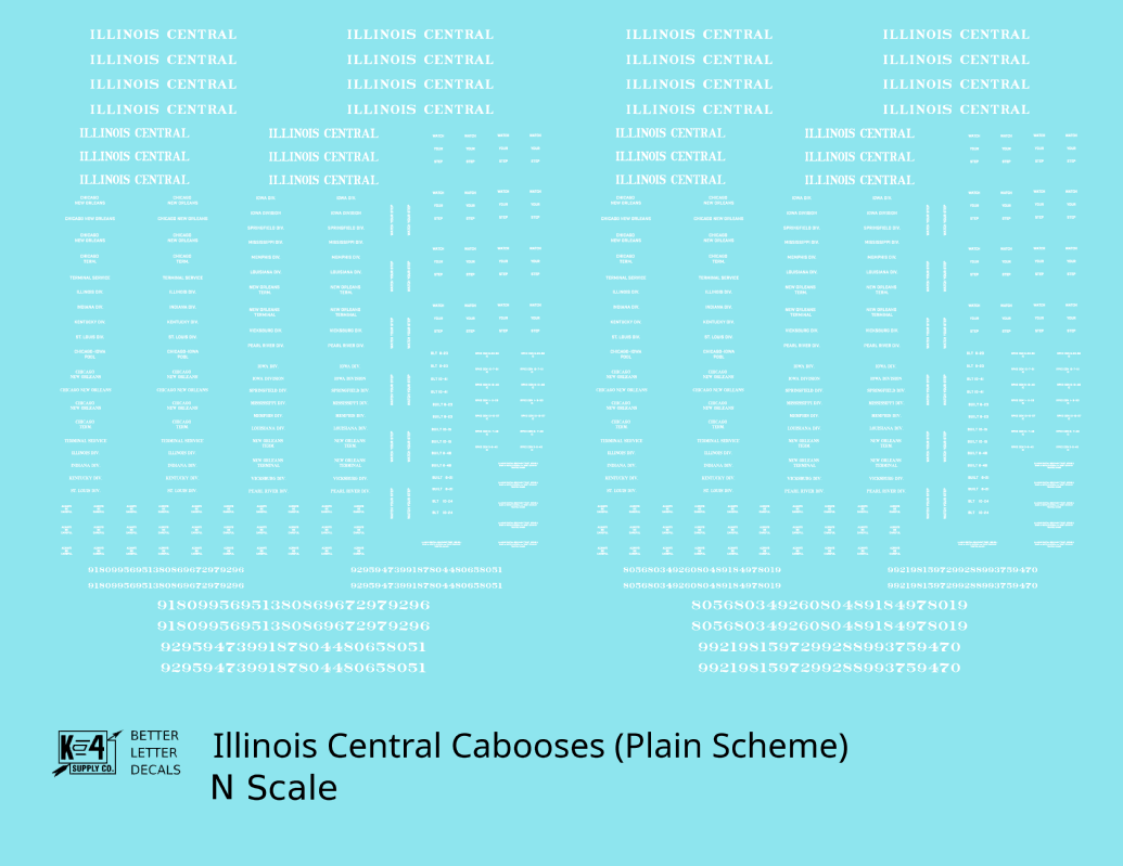 Illinois Central Caboose White Plain Roman - Decal - Choose Scale