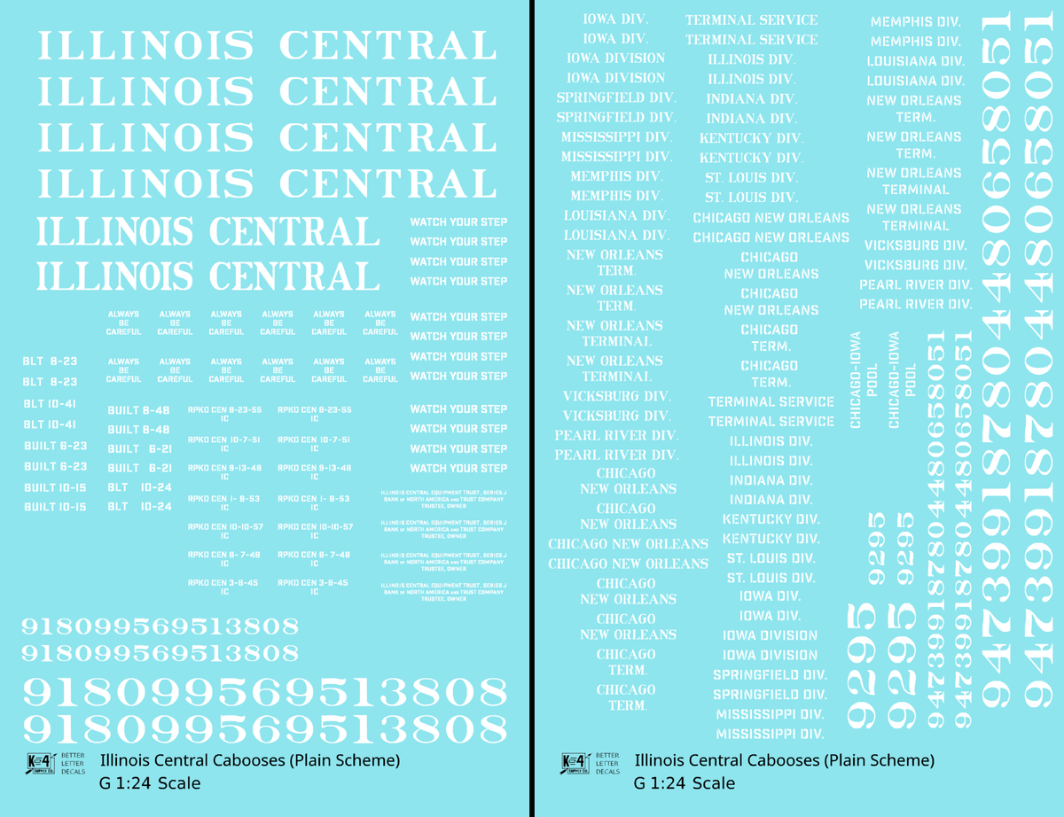 Illinois Central Caboose White Plain Roman - Decal - Choose Scale