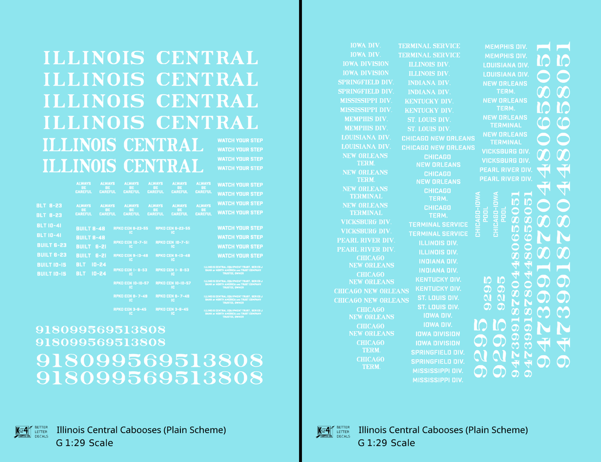 Illinois Central Caboose White Plain Roman - Decal - Choose Scale