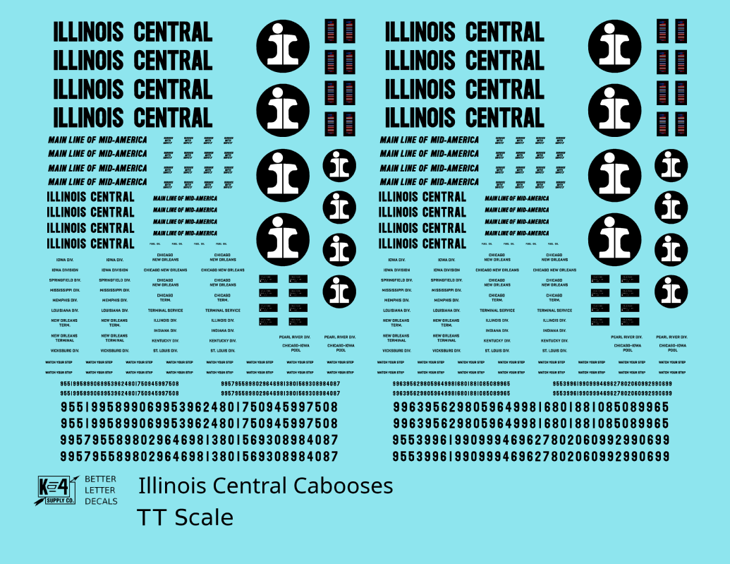 Illinois Central Caboose Black Split Rail Herald - Decal - Choose Scale