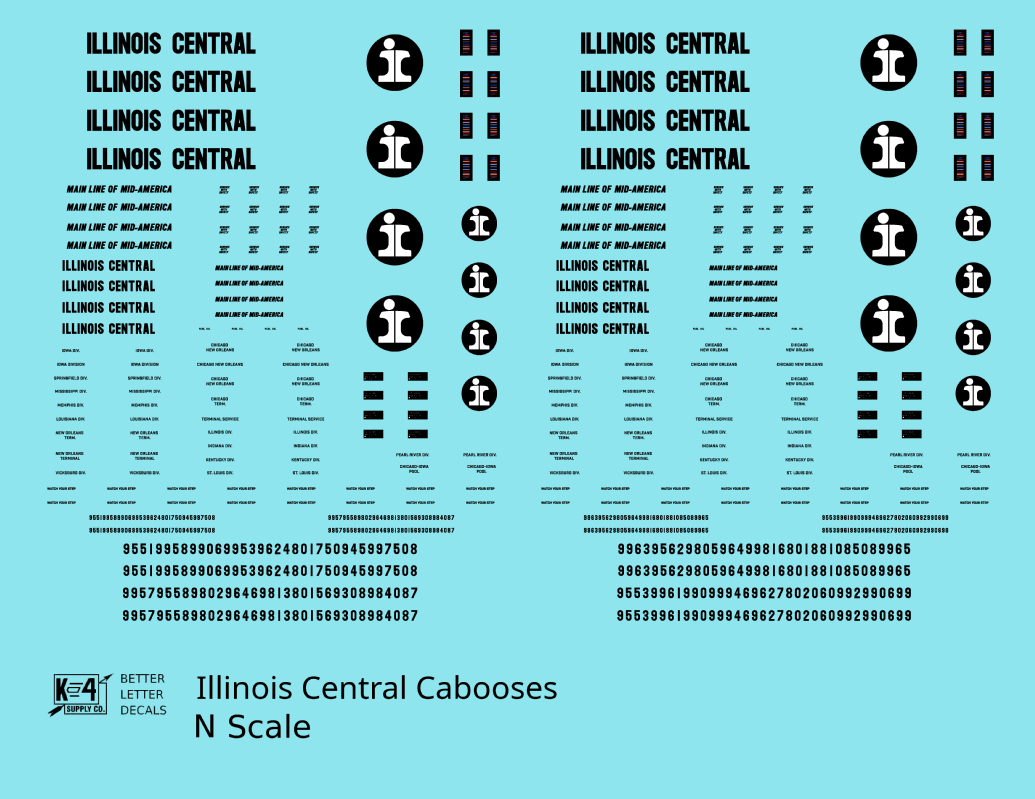Illinois Central Caboose Black Split Rail Herald - Decal - Choose Scale