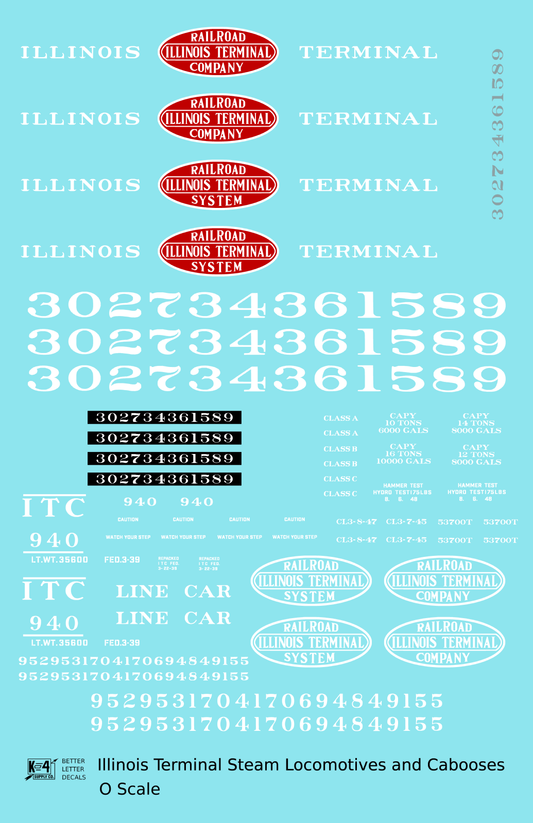 Illinois Terminal Steam Locomotive White and Red  - Decal Sheet