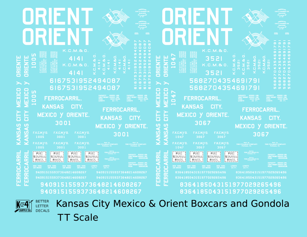 Kansas City, Mexico and Orient Boxcars and Gondola White KCMO