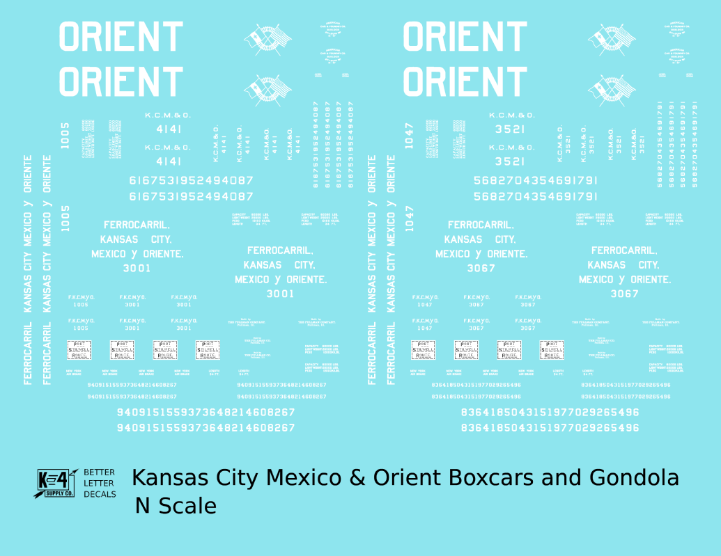 Kansas City, Mexico and Orient Boxcars and Gondola White KCMO - Decal - Choose Scale