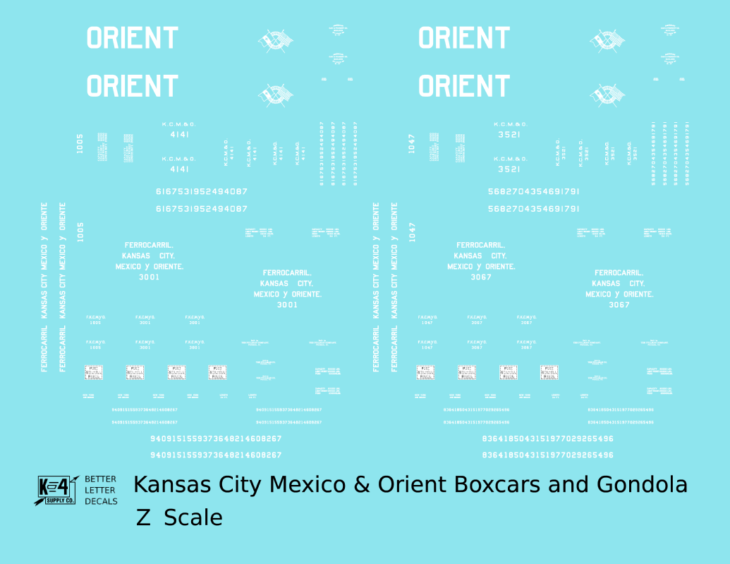 Kansas City, Mexico and Orient Boxcars and Gondola White KCMO