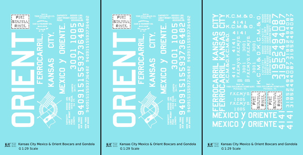 Kansas City, Mexico and Orient Boxcars and Gondola White KCMO - Decal - Choose Scale