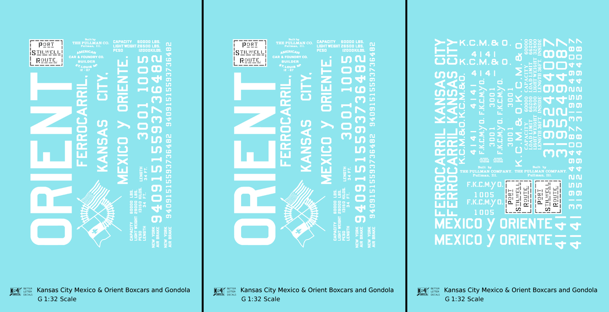 Kansas City, Mexico and Orient Boxcars and Gondola White KCMO - Decal - Choose Scale