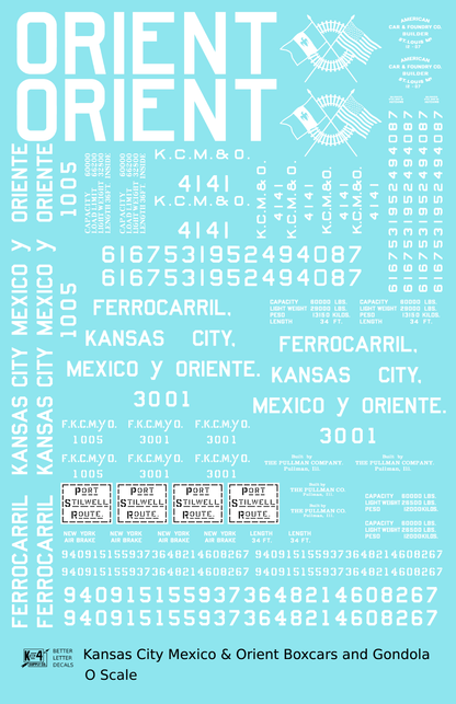 Kansas City, Mexico and Orient Boxcars and Gondola White KCMO - Decal - Choose Scale