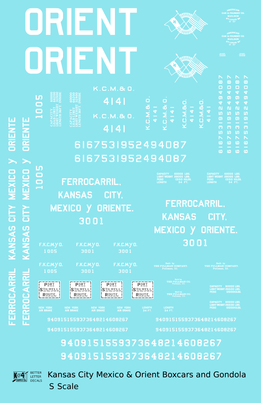 Kansas City, Mexico and Orient Boxcars and Gondola White KCMO - Decal - Choose Scale