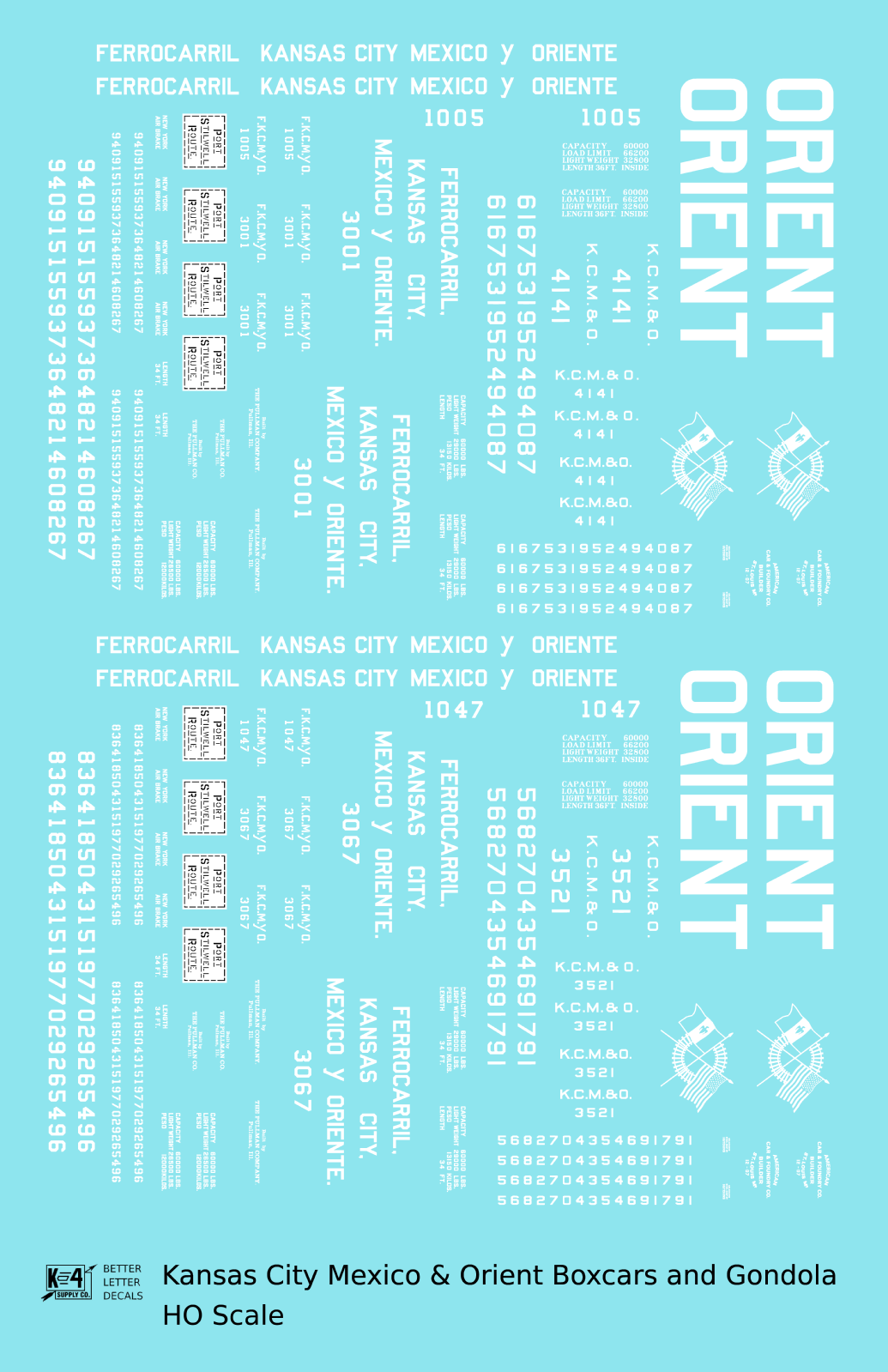 Kansas City, Mexico and Orient Boxcars and Gondola White KCMO - Decal - Choose Scale