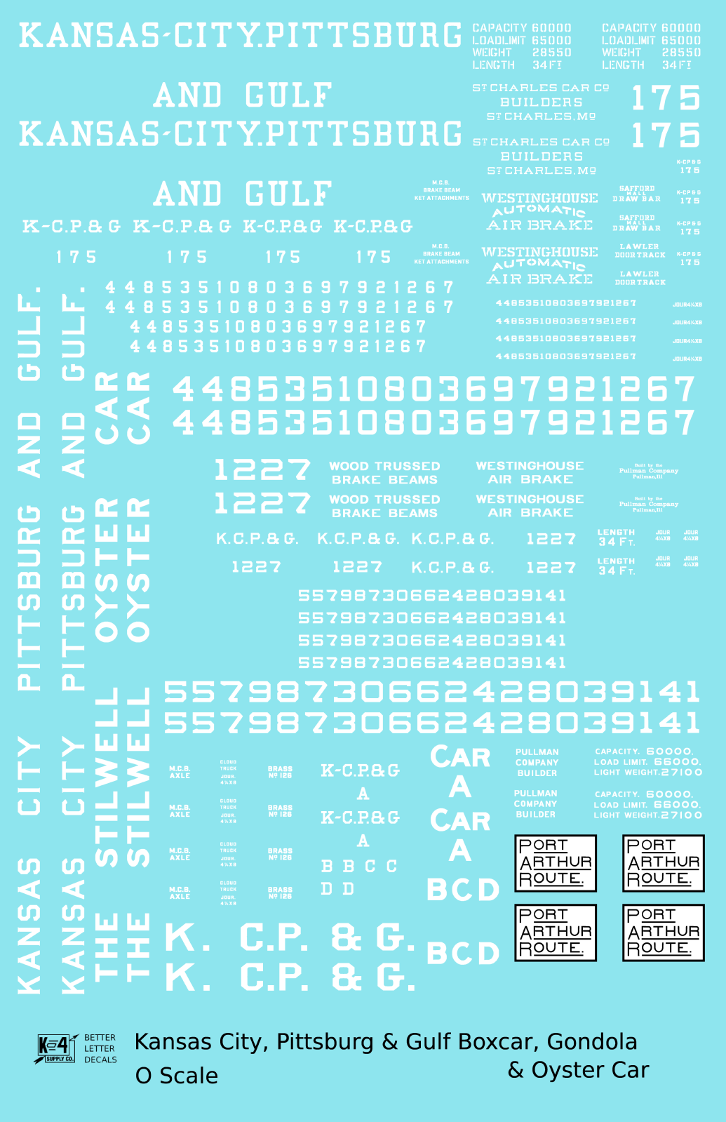 Kansas City, Pittsburg and Gulf Boxcar, Gondola and Oyster Car White KCS - Decal - Choose Scale