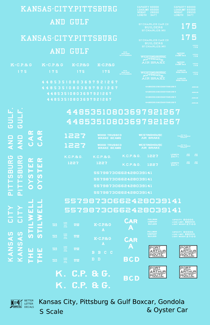 Kansas City, Pittsburg and Gulf Boxcar, Gondola and Oyster Car White KCS - Decal - Choose Scale