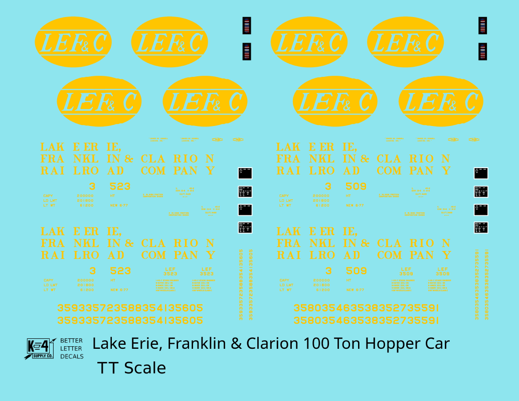 Lake Erie, Franklin & Clarion 100 Ton Hopper Car Yellow LEFC - Decal - Choose Scale