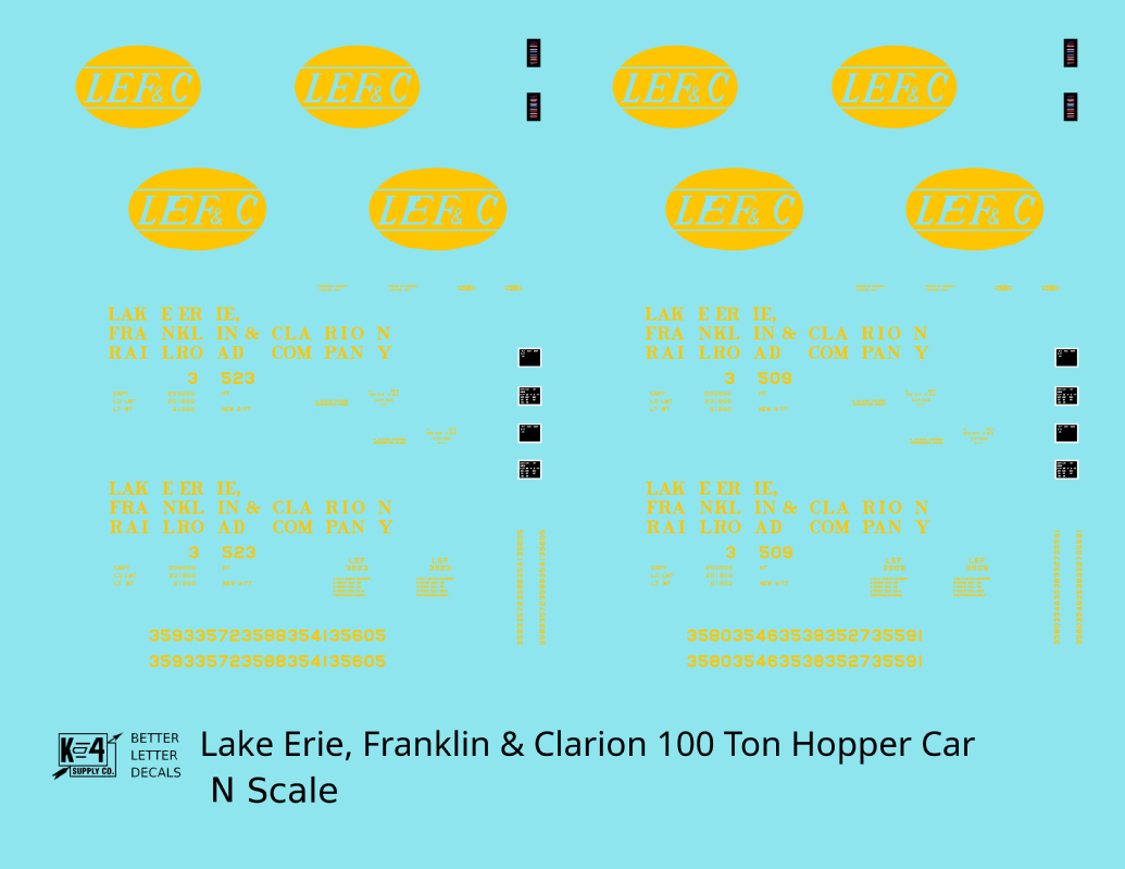 Lake Erie, Franklin & Clarion 100 Ton Hopper Car Yellow LEFC - Decal - Choose Scale