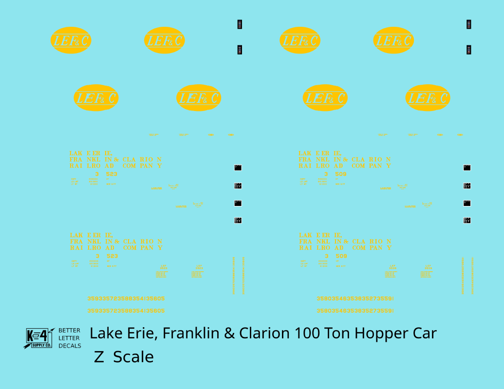 Lake Erie, Franklin & Clarion 100 Ton Hopper Car Yellow LEFC - Decal - Choose Scale