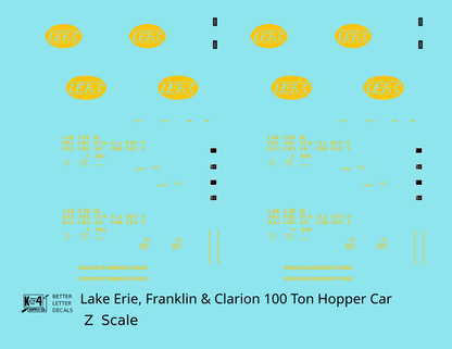 Lake Erie, Franklin & Clarion 100 Ton Hopper Car Yellow LEFC - Decal - Choose Scale
