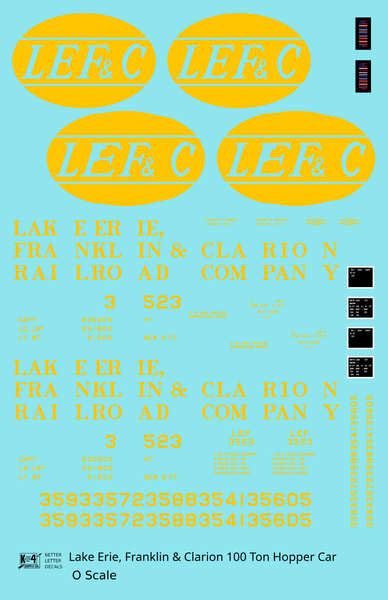 Lake Erie, Franklin & Clarion 100 Ton Hopper Car Yellow LEFC - Decal Sheet