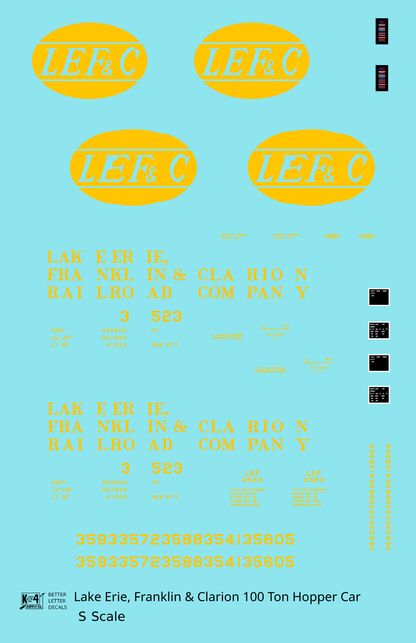 Lake Erie, Franklin & Clarion 100 Ton Hopper Car Yellow LEFC - Decal - Choose Scale