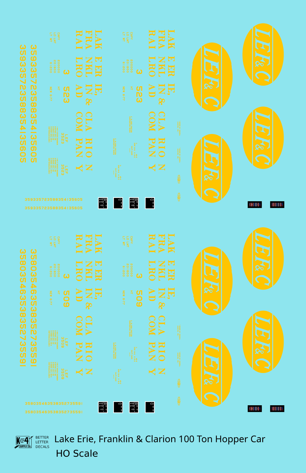 Lake Erie, Franklin & Clarion 100 Ton Hopper Car Yellow LEFC - Decal - Choose Scale