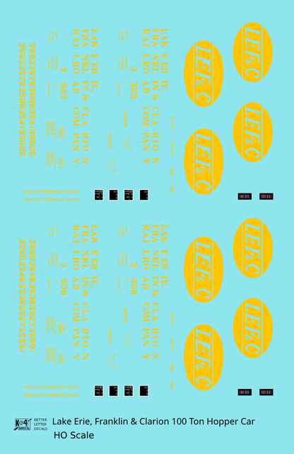Lake Erie, Franklin & Clarion 100 Ton Hopper Car Yellow LEFC - Decal - Choose Scale