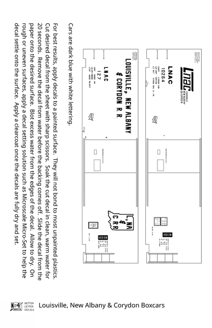 Louisville, New Albany and Corydon LNAC 40 Ft Boxcar White  - Decal