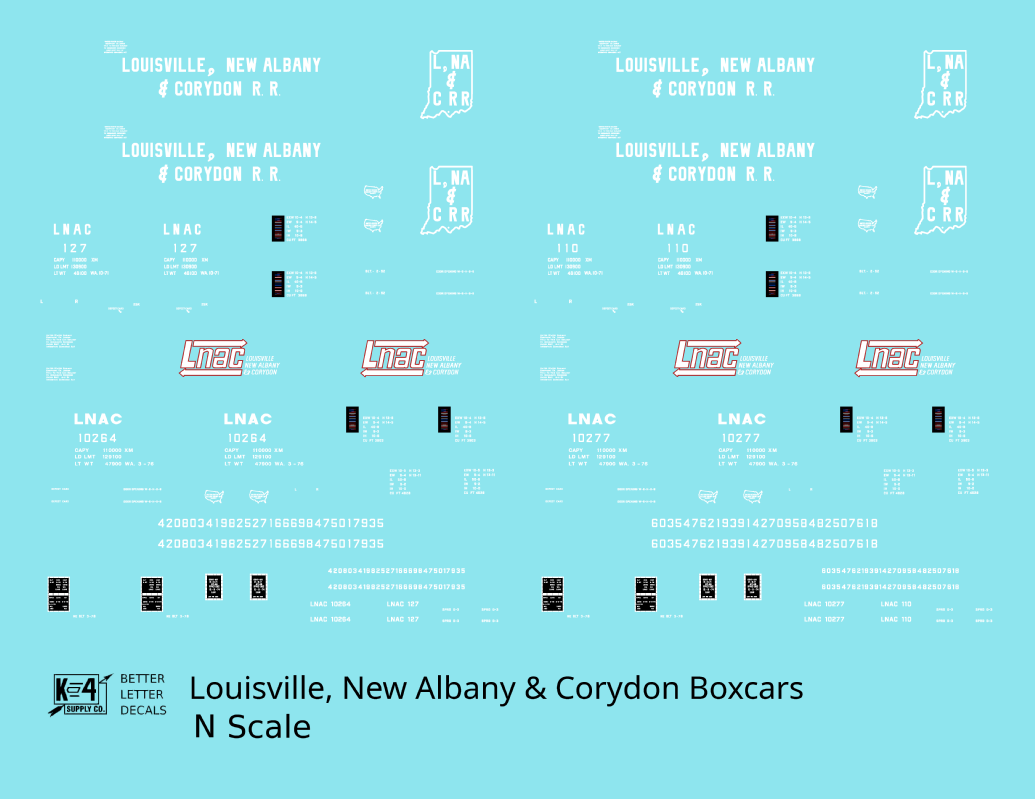 Louisville, New Albany and Corydon LNAC 40 Ft Boxcar White  - Decal - Choose Scale