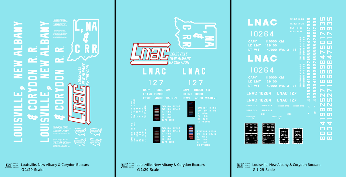 Louisville, New Albany and Corydon LNAC 40 Ft Boxcar White  - Decal - Choose Scale