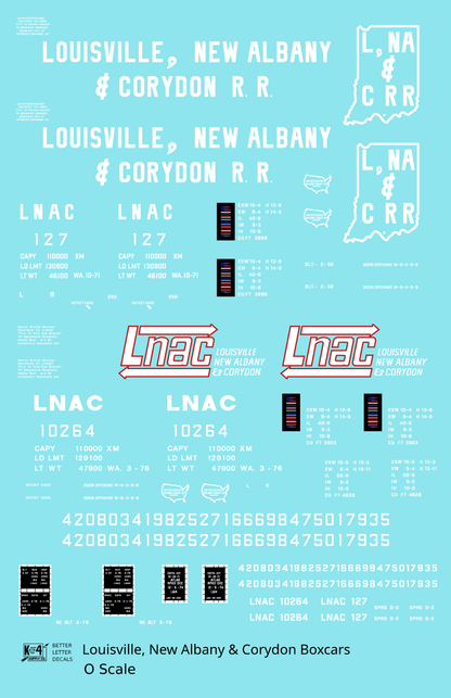 Louisville, New Albany and Corydon LNAC 40 Ft Boxcar White  - Decal Sheet