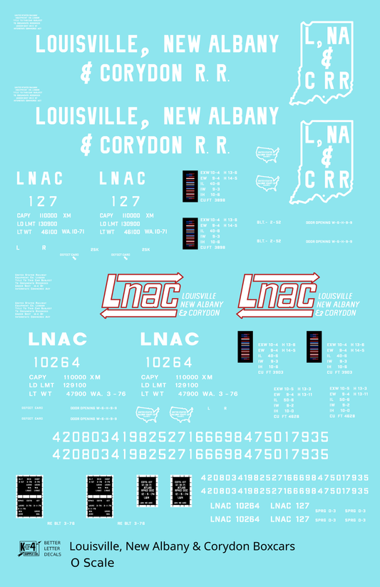 Louisville, New Albany and Corydon LNAC 40 Ft Boxcar White  - Decal Sheet