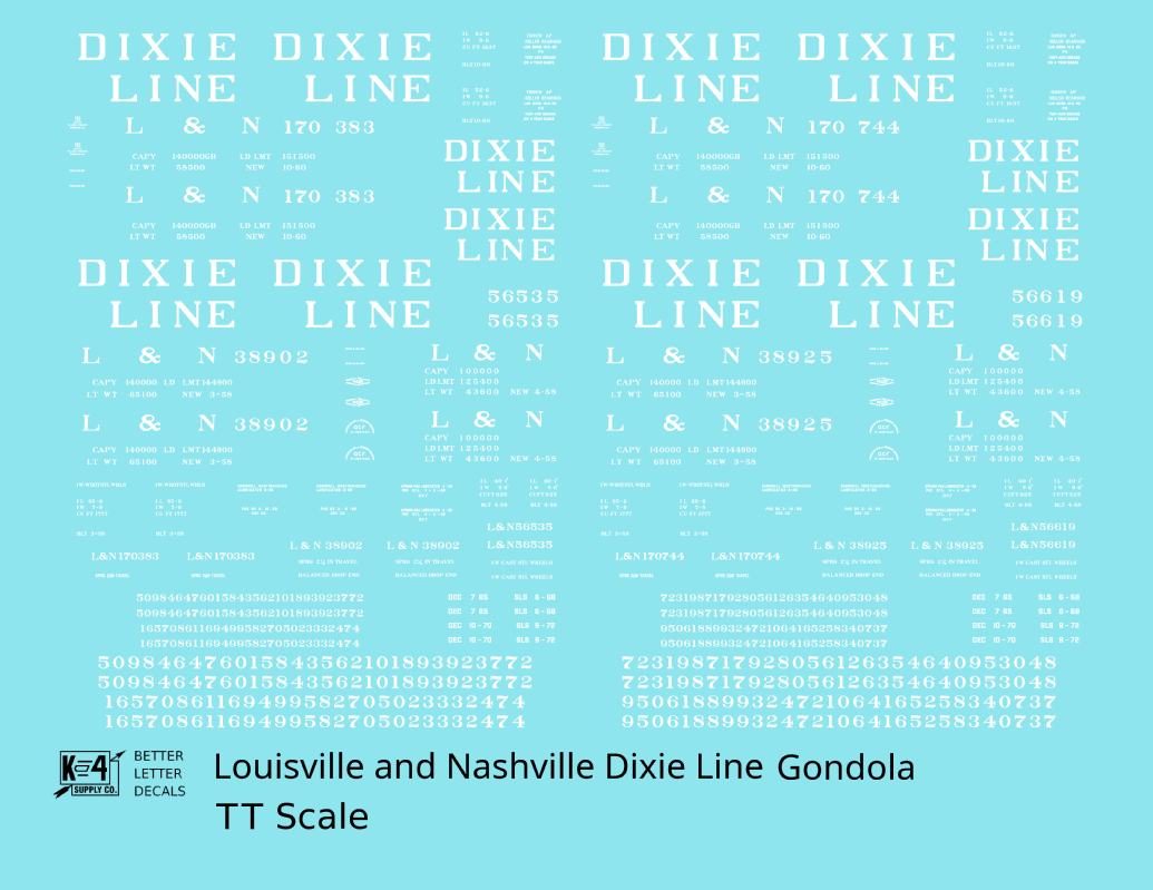 Louisville and Nashville Gondola White Roman Dixie Line - Decal - Choose Scale
