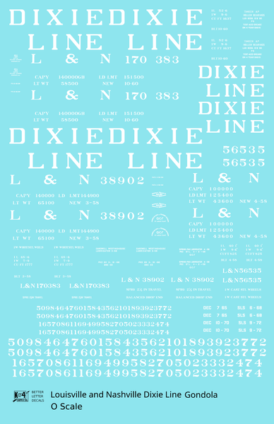 Louisville and Nashville Gondola White Roman Dixie Line - Decal Sheet