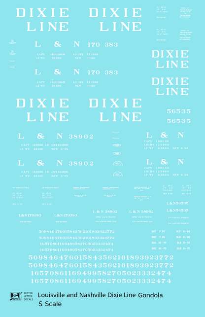Louisville and Nashville Gondola White Roman Dixie Line - Decal - Choose Scale