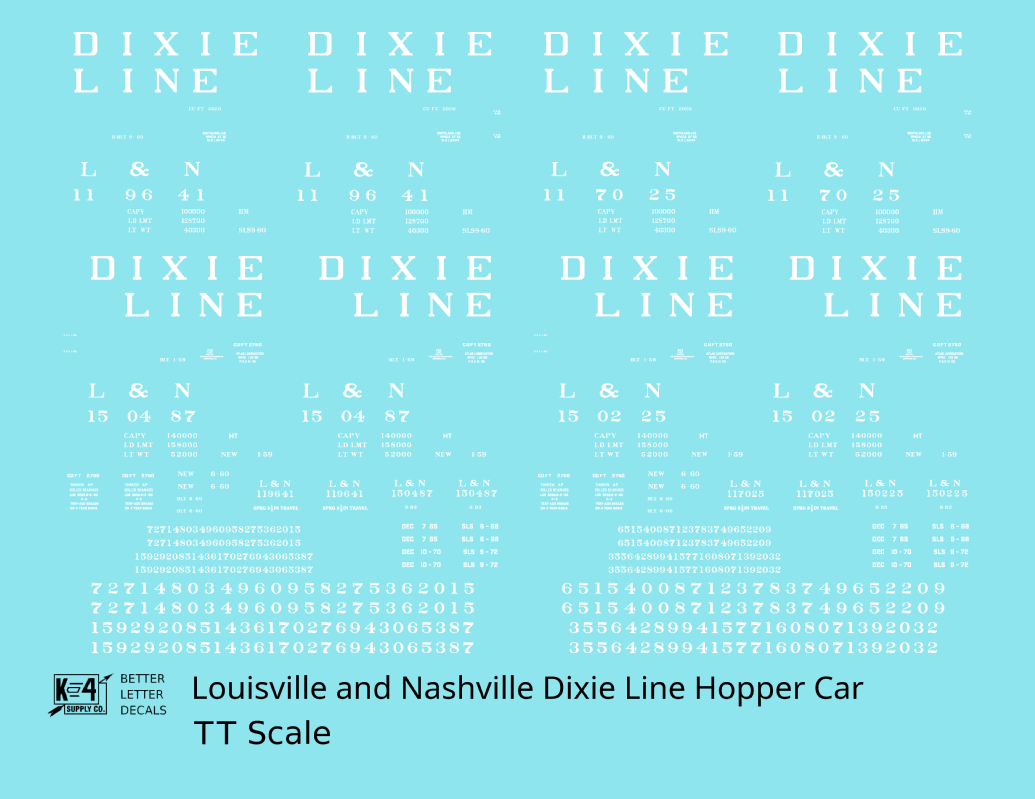Louisville and Nashville Hopper Car White Roman Dixie Line - Decal - Choose Scale