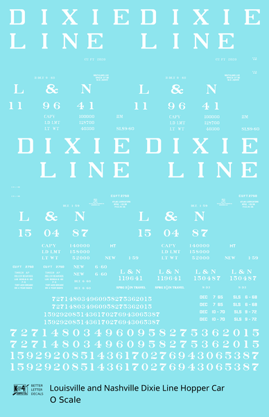Louisville and Nashville Hopper Car White Roman Dixie Line - Decal Sheet