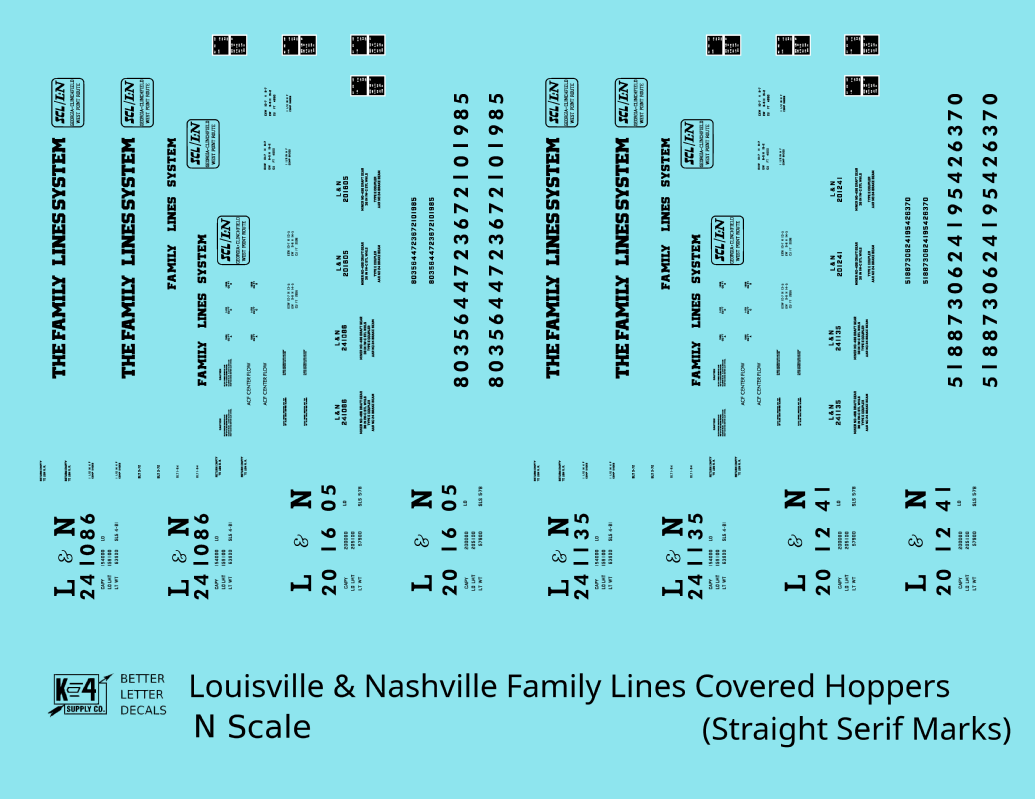 L&N Family Lines ACF Covered Hopper Black  - Decal - Choose Scale