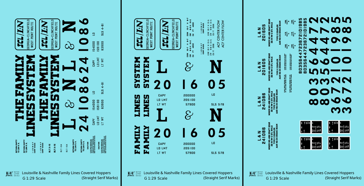 L&N Family Lines ACF Covered Hopper Black  - Decal - Choose Scale