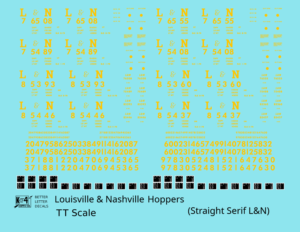 Louisville and Nashville Hopper Car Yellow Straight Serif Letter - Decal - Choose Scale