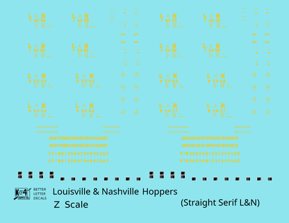 Louisville and Nashville Hopper Car Yellow Straight Serif Letter - Decal - Choose Scale
