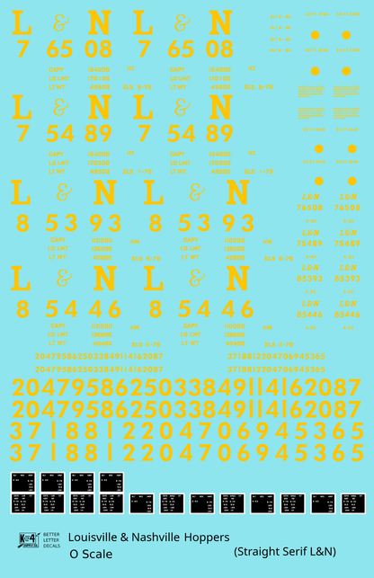 Louisville and Nashville Hopper Car Yellow Straight Serif Letter - Decal Sheet